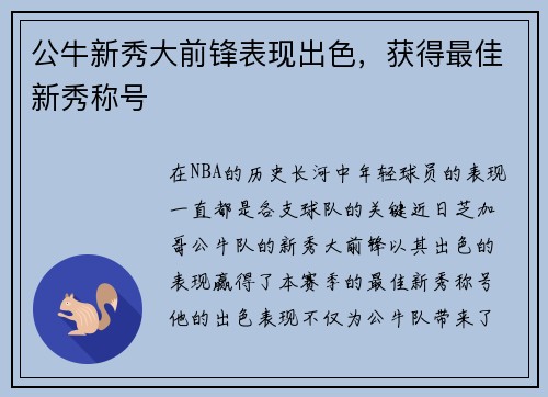 公牛新秀大前锋表现出色，获得最佳新秀称号